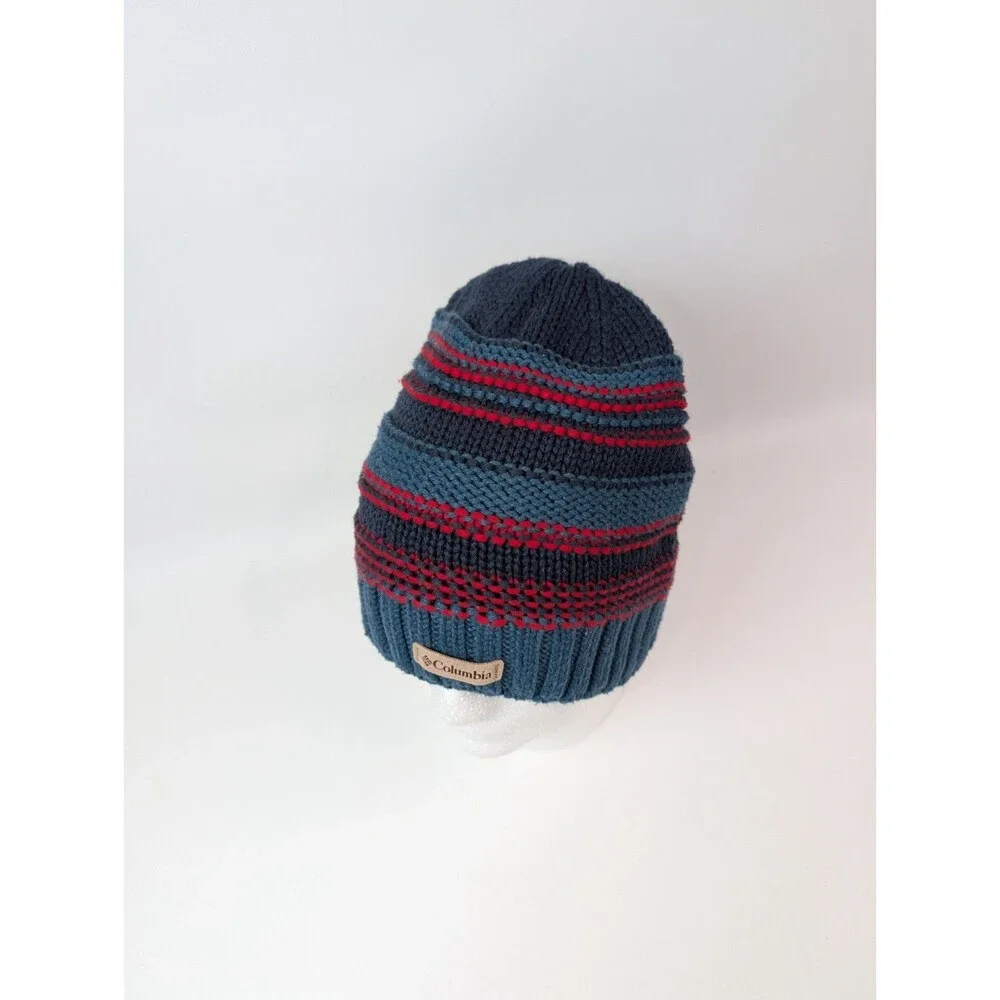 Columbia Knit Beanie Hat Blue Red Striped Fleece Lined Unisex Winter Cap